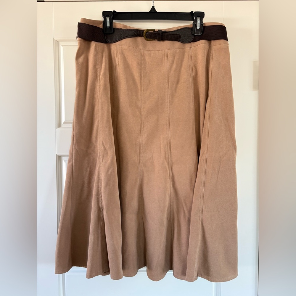 dressbarn Tan Midi Skirt with Brown Belt